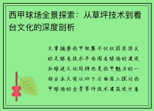 西甲球场全景探索：从草坪技术到看台文化的深度剖析