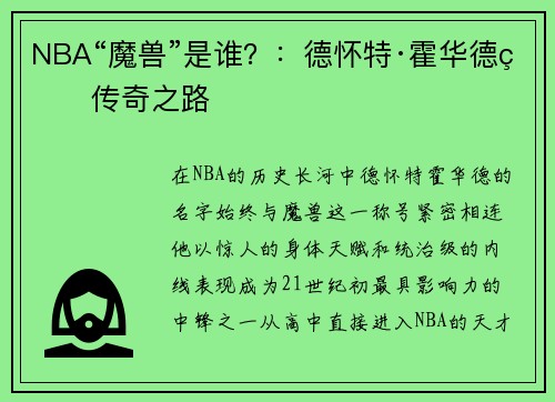 NBA“魔兽”是谁？：德怀特·霍华德的传奇之路