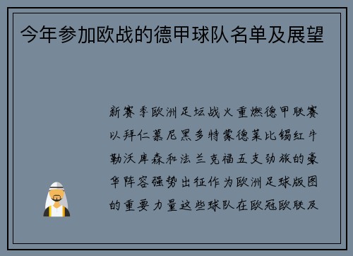 今年参加欧战的德甲球队名单及展望